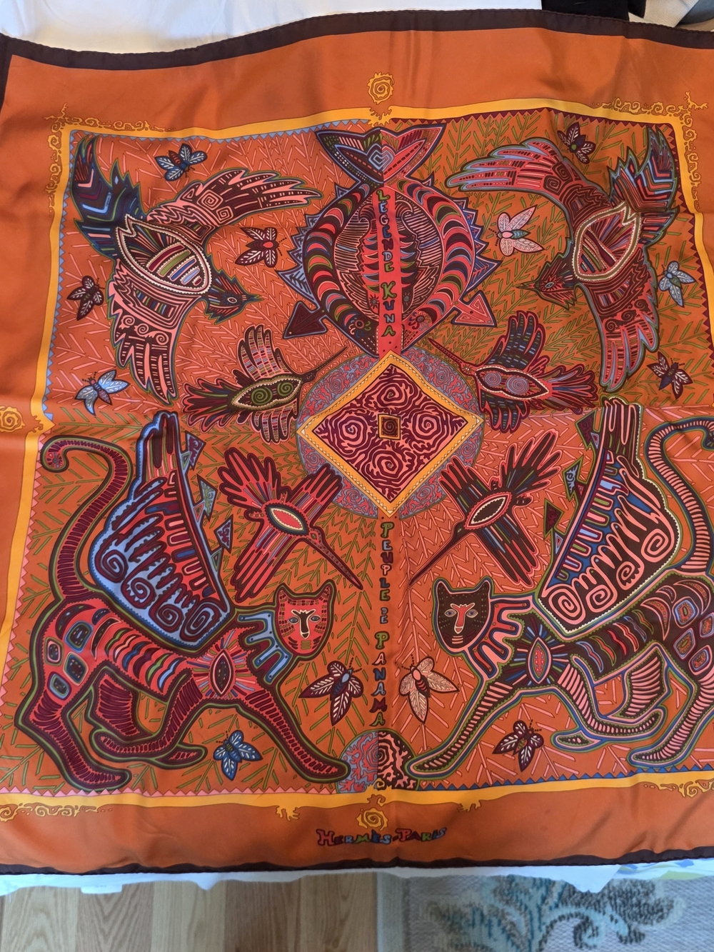Vintage Hermes Silk Scarf -Legende Kuna Vibrant Orange Tribal Motif